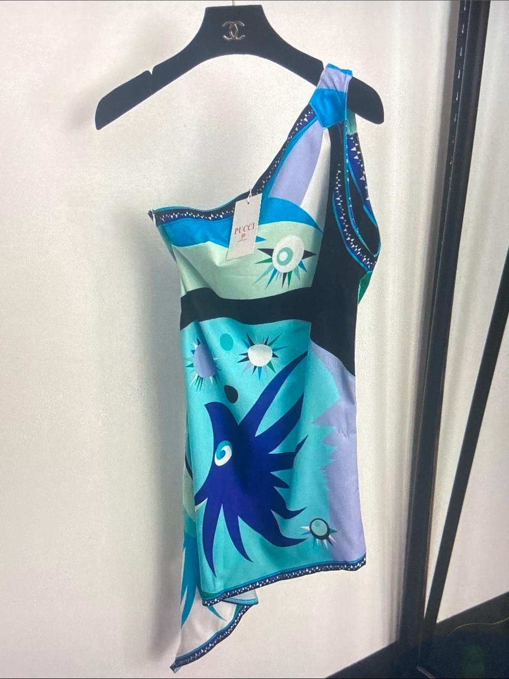 Emilio Pucci Turquoise, Aqua & Navy One-Shoulder Silk Dress